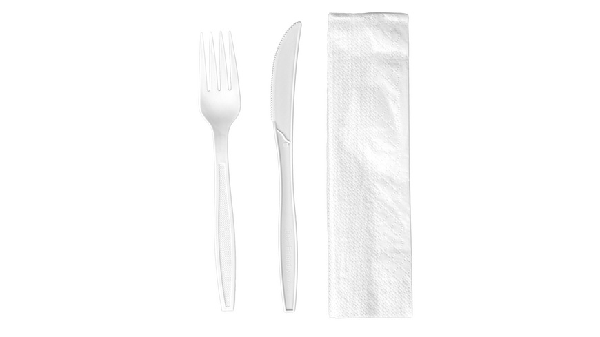 Kit couvert plastique PS blanc 3 en 1: couteau fourchette serviette